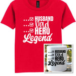 Matching Set: Mug and T-shirt for Husband, Dad, Hero, Legend in Red