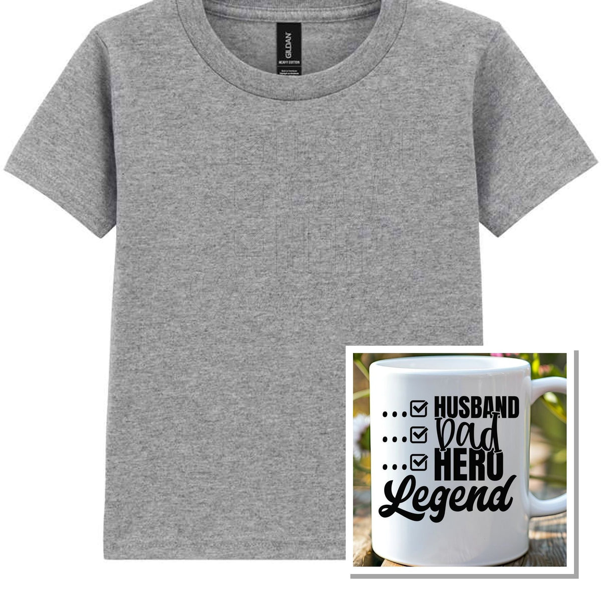 Matching Set: Mug and T-shirt for Husband, Dad, Hero, Legend in Sport Grey