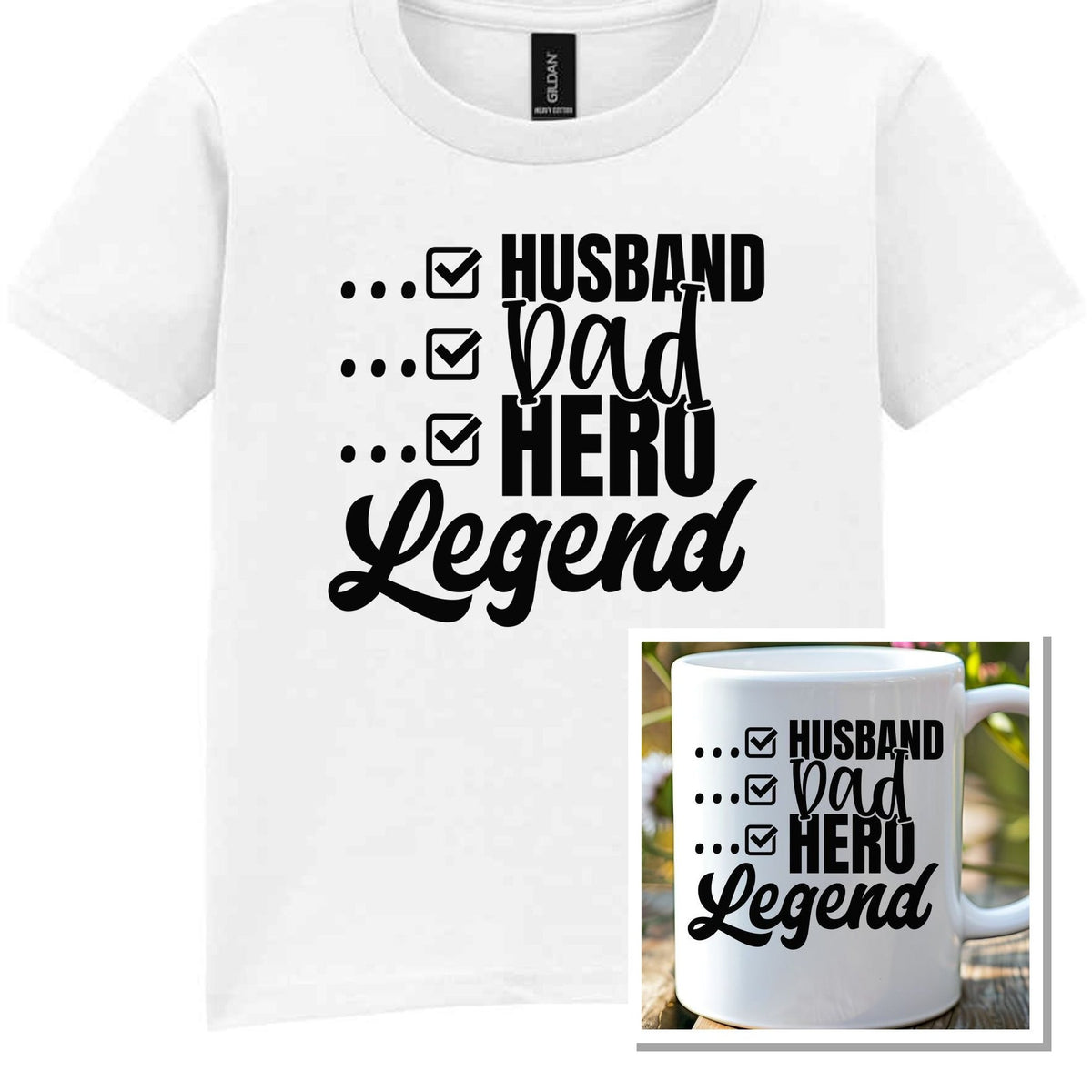 Matching Set: Mug and T-shirt for Husband, Dad, Hero, Legend in White