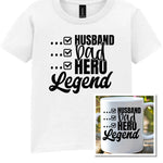 Matching Set: Mug and T-shirt for Husband, Dad, Hero, Legend in White