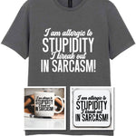 Matching Set: Mug, Coaster & T-shirt with Sarcastic Text Design in Charcoal