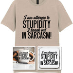 Matching Set: Mug, Coaster & T-shirt with Sarcastic Text Design in Sand
