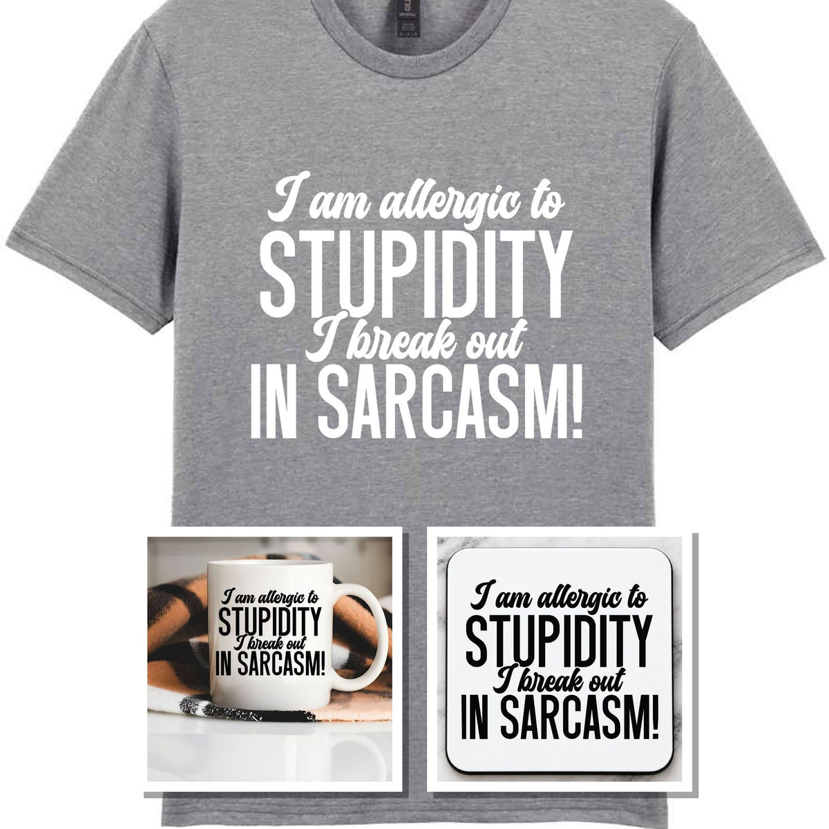 Matching Set: Mug, Coaster & T-shirt with Sarcastic Text Design in Sport Grey