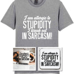 Matching Set: Mug, Coaster & T-shirt with Sarcastic Text Design in Sport Grey