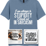 Matching Set: Mug, Coaster & T-shirt with Sarcastic Text Design in Stone Blue