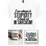 Matching Set: Mug, Coaster & T-shirt with Sarcastic Text Design in White