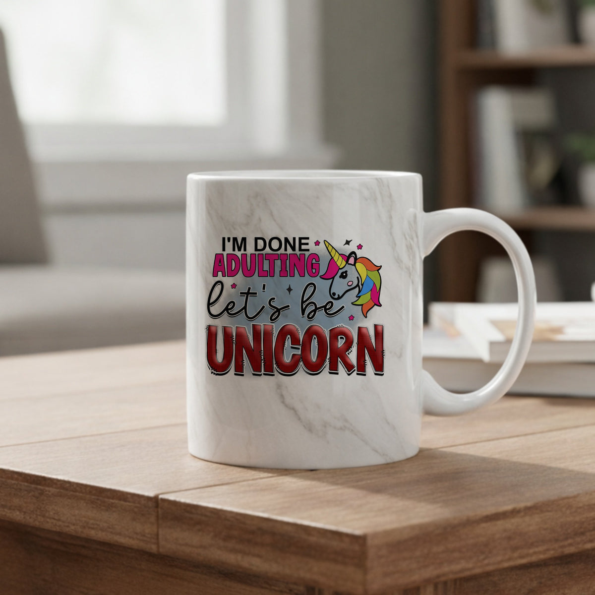 I'M DONE ADULTING Let's Be UNICORN marble mug in grey