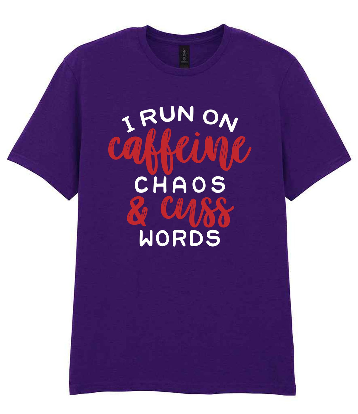 I RUN ON Caffeine CHAOS & Cuss WORDS” t-shirt in fan dark purple