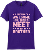 If You Think I'm Awesome You Should Meet My Brother – Ladies T-Shirt in Purple with Baby Pink vinyl