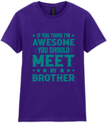 If You Think I'm Awesome You Should Meet My Brother – Ladies T-Shirt in Purple with Teal vinyl
