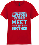 If You Think I'm Awesome You Should Meet My Brother – Ladies T-Shirt in Red with Baby Blue vinyl