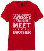If You Think I'm Awesome You Should Meet My Brother – Ladies T-Shirt in Red with Baby Pink vinyl