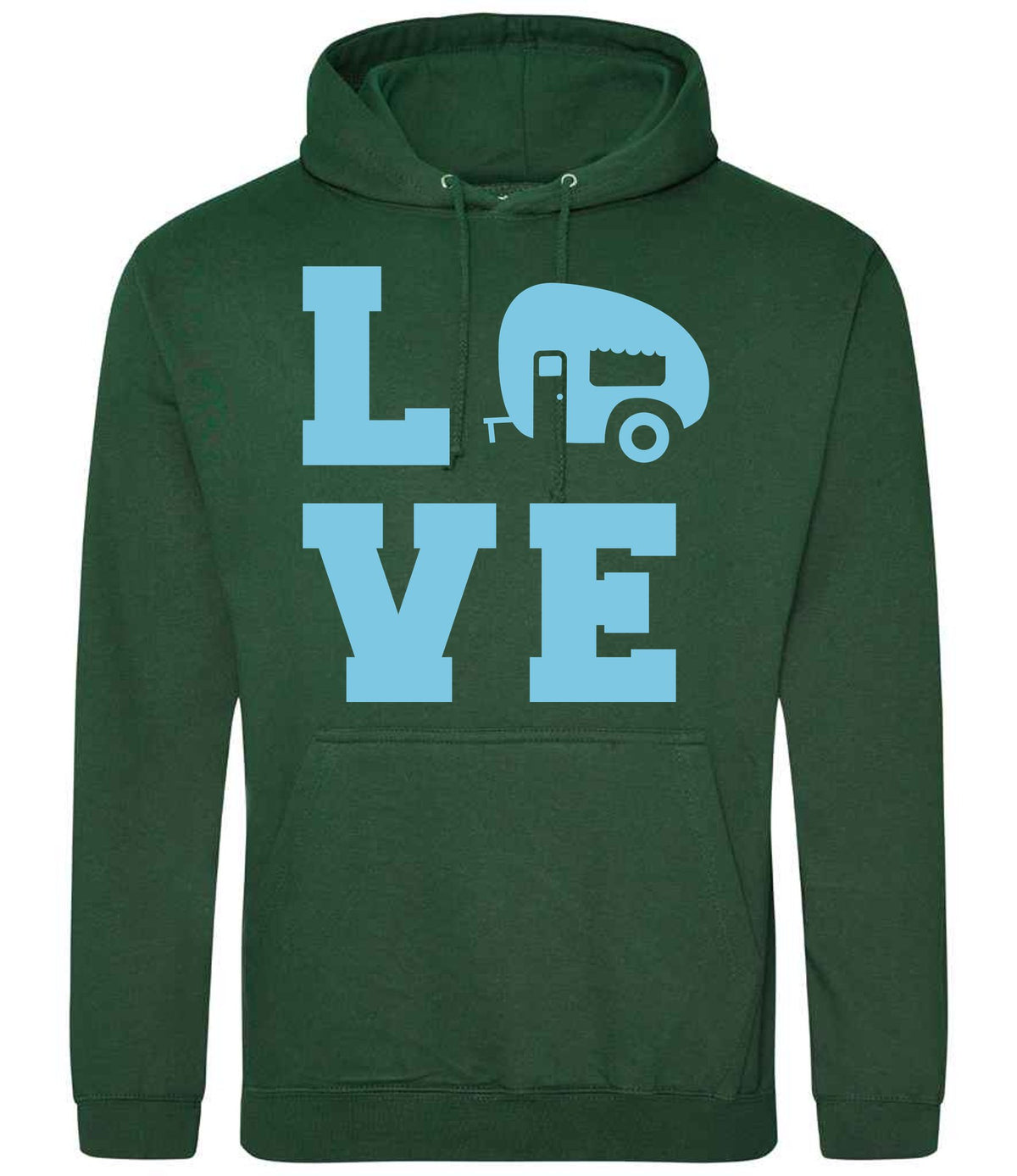 Love – Unisex Hoodie in Bottle Green with Baby Blue vinyl