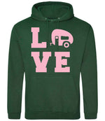 Love – Unisex Hoodie in Bottle Green with Baby Pink vinyl