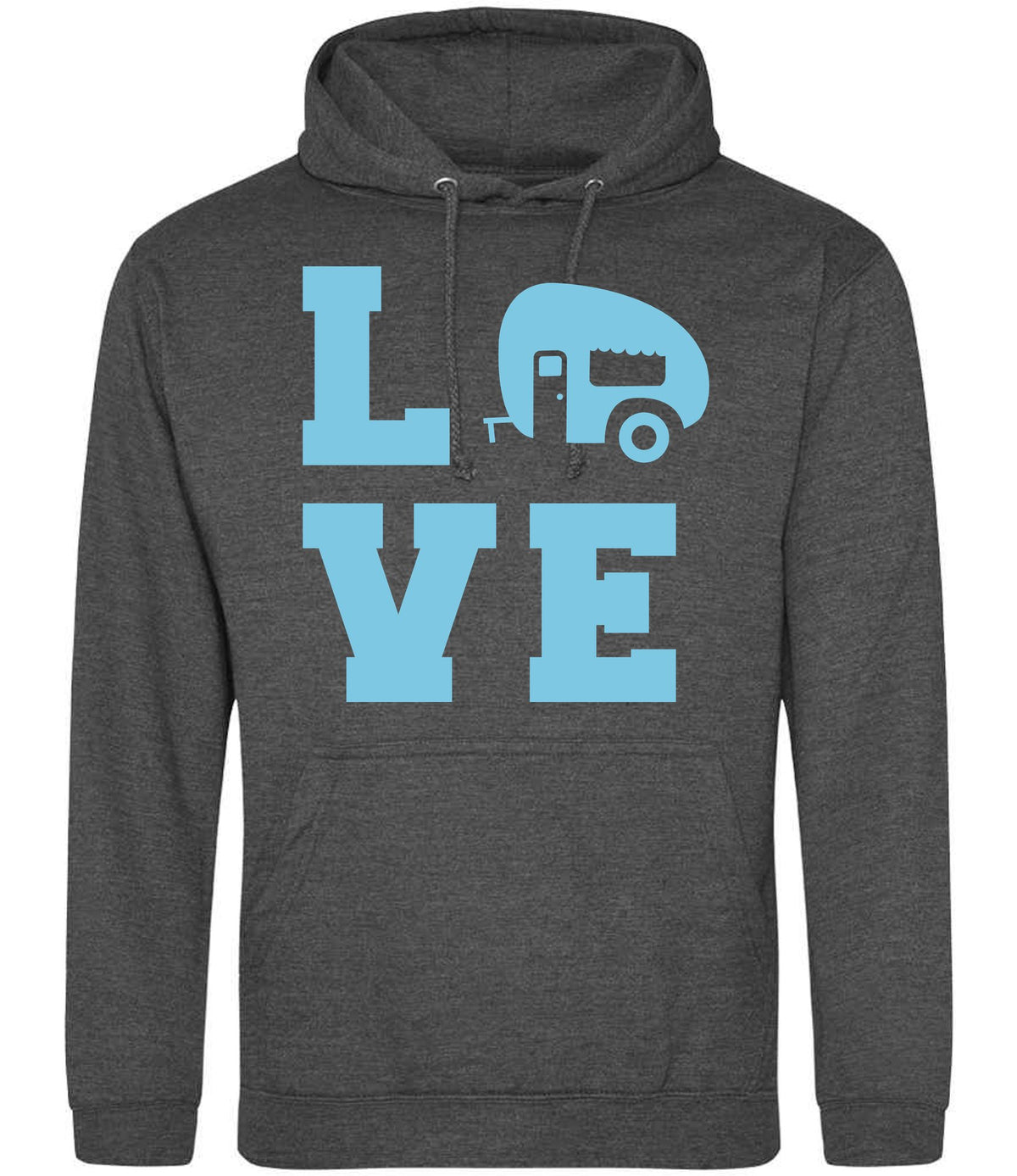 Love – Unisex Hoodie in Charcoal with Baby Blue vinyl