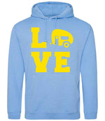 Love – Unisex Hoodie in Cornflower Blue with Yellow vinyl