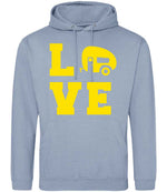 Love – Unisex Hoodie in Dusty Blue with Yellow vinyl