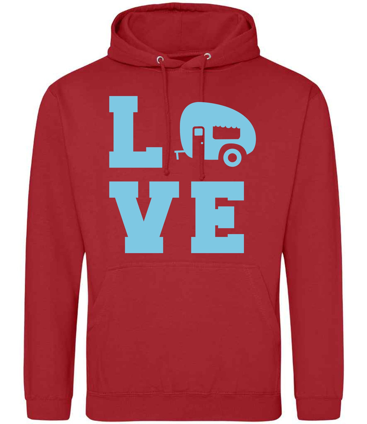 Love – Unisex Hoodie in Fire Red with Baby Blue vinyl