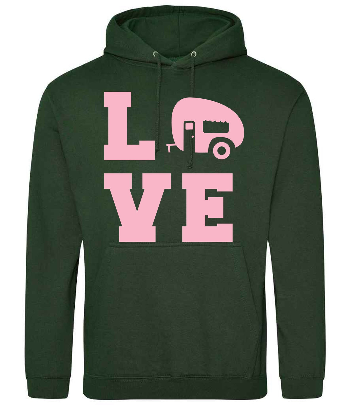 Love – Unisex Hoodie in Forest Green with Baby Pink vinyl