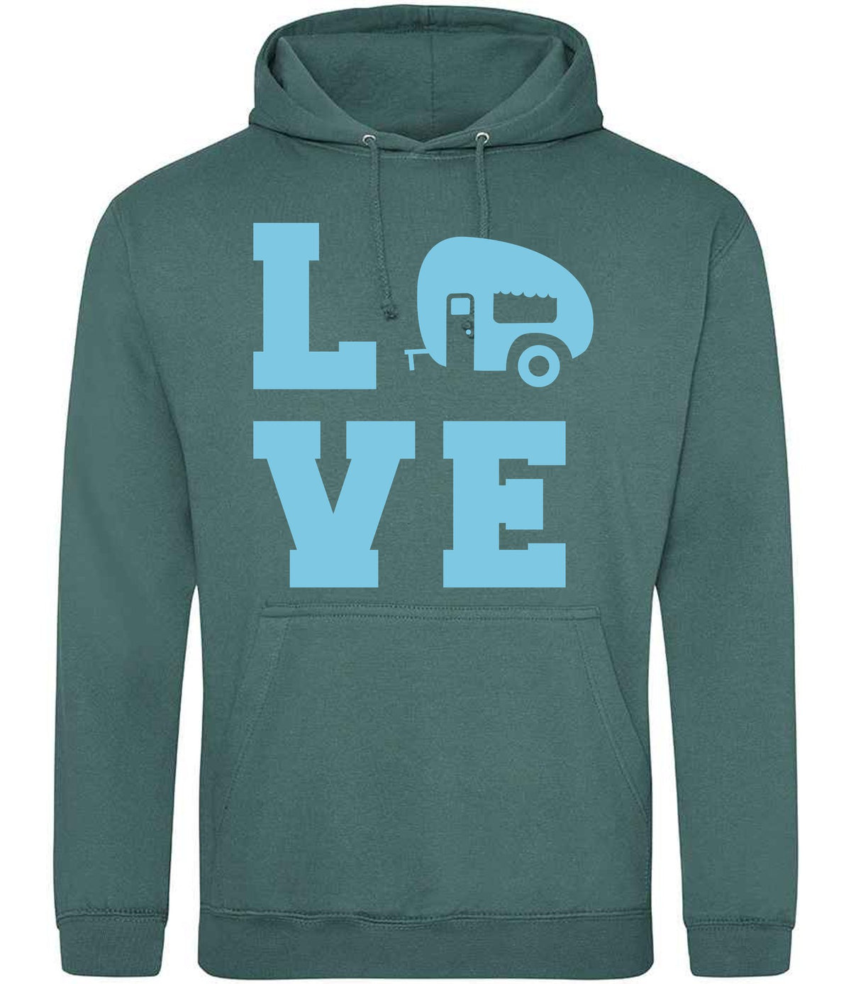Love – Unisex Hoodie in Moss Green with Baby Blue vinyl