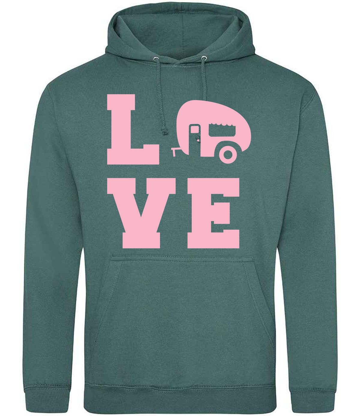 Love – Unisex Hoodie in Moss Green with Baby Pink vinyl
