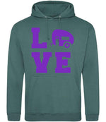 Love – Unisex Hoodie in Moss Green with Purple vinyl