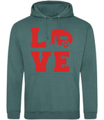 Love – Unisex Hoodie in Moss Green with Red vinyl