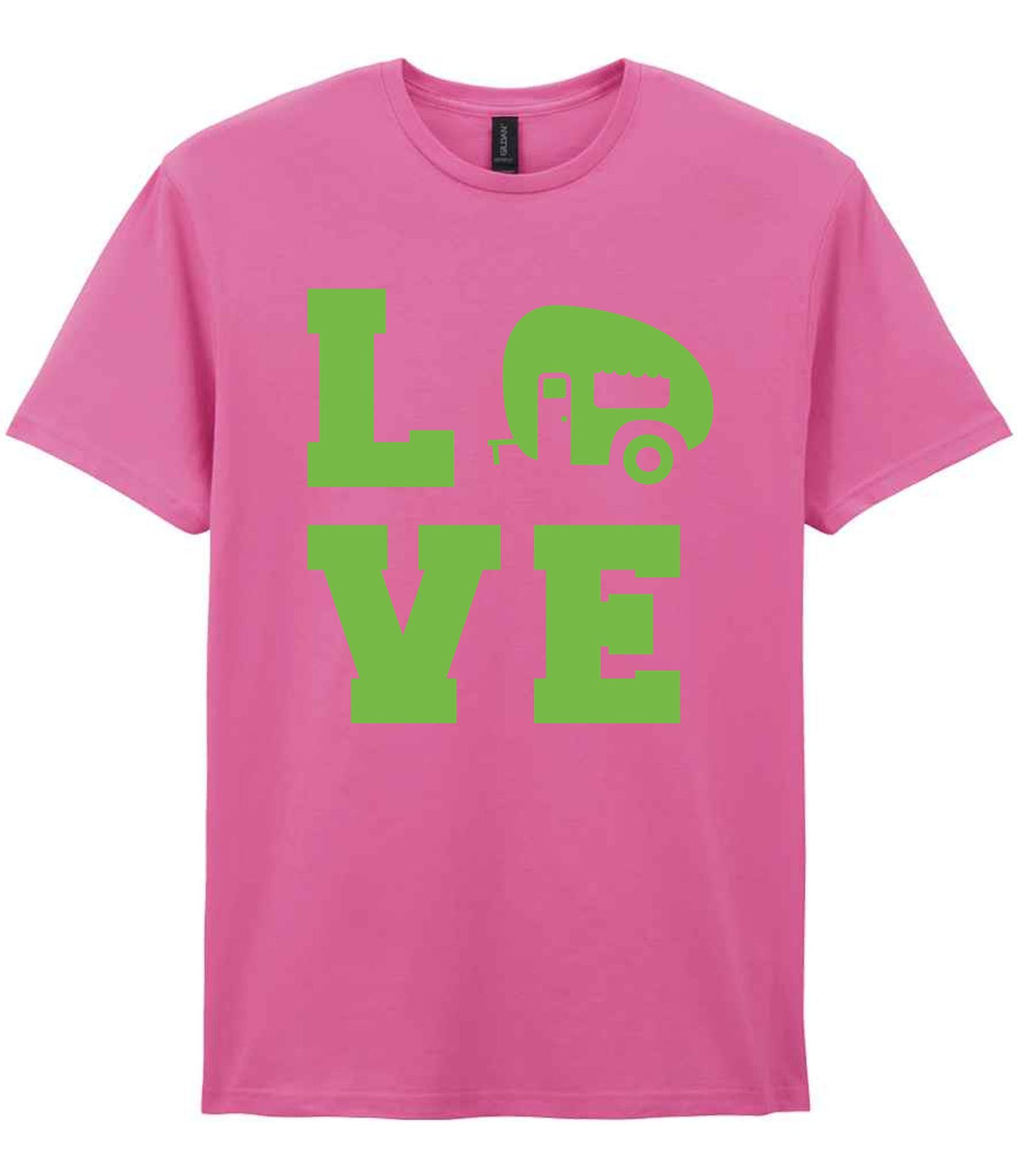 Love – Unisex T-Shirt in Azalea with Apple Green vinyl