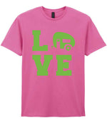 Love – Unisex T-Shirt in Azalea with Apple Green vinyl