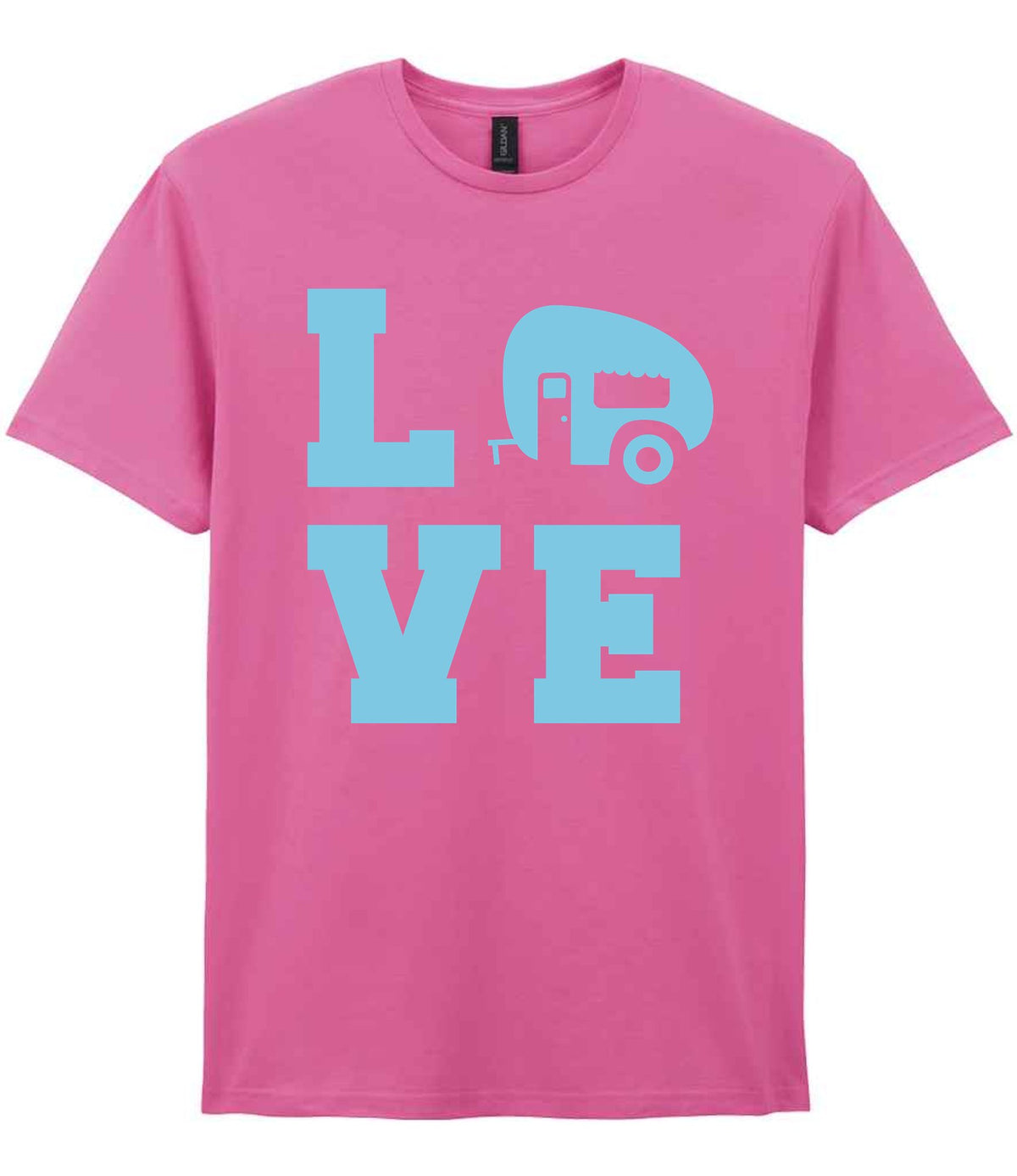 Love – Unisex T-Shirt in Azalea with Baby Blue vinyl