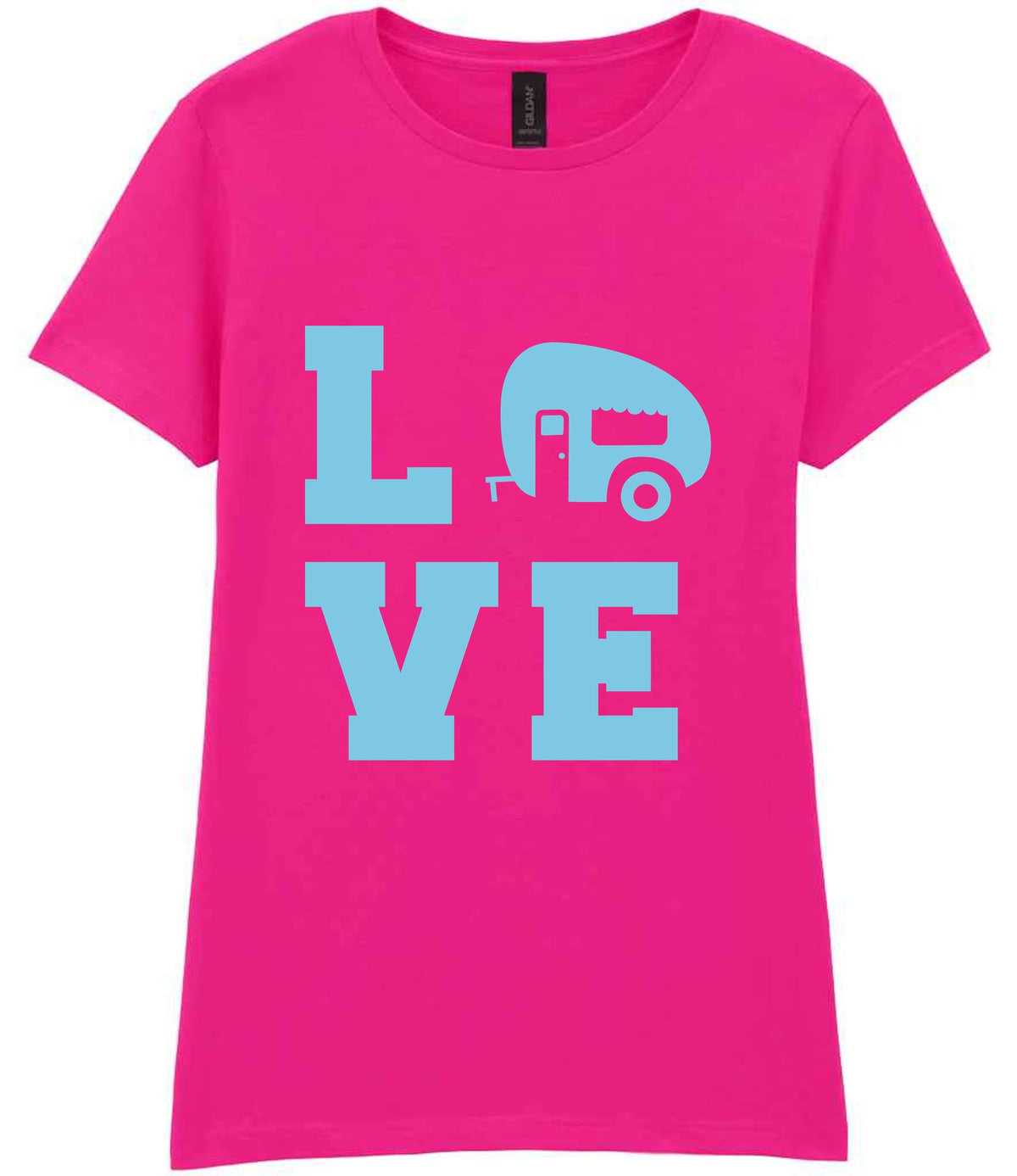 Love – Ladies T-Shirt in Azalea with Baby Blue vinyl