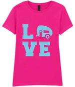 Love – Ladies T-Shirt in Azalea with Baby Blue vinyl