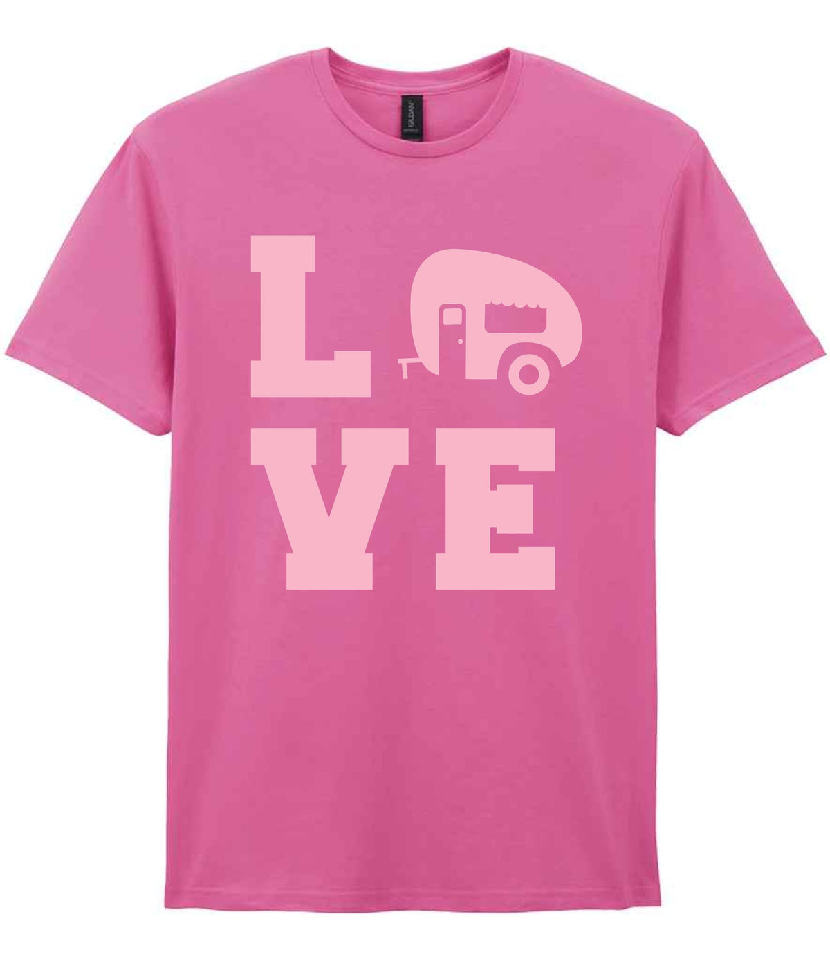 Love – Unisex T-Shirt in Azalea with Baby Pink vinyl