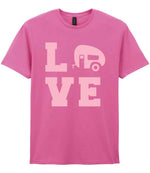 Love – Unisex T-Shirt in Azalea with Baby Pink vinyl