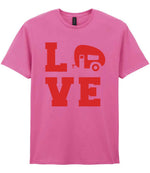 Love – Unisex T-Shirt in Azalea with Red vinyl