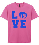 Love – Unisex T-Shirt in Azalea with Royal Blue vinyl