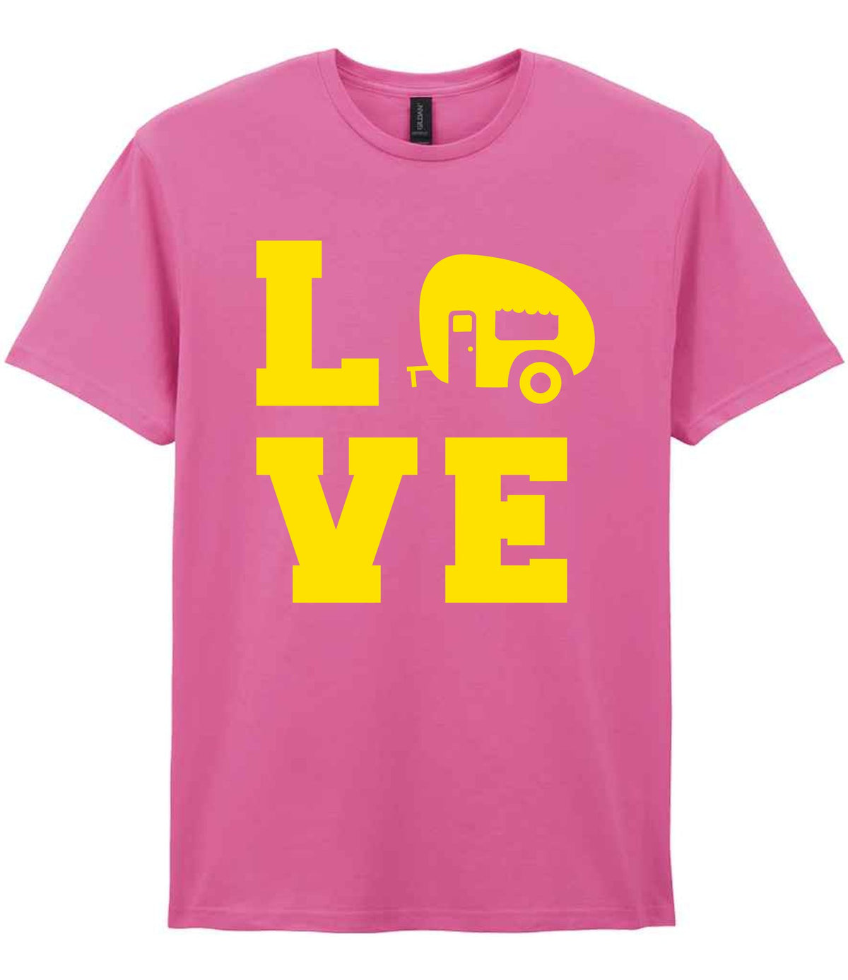 Love – Unisex T-Shirt in Azalea with Yellow vinyl