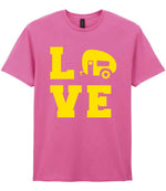 Love – Unisex T-Shirt in Azalea with Yellow vinyl