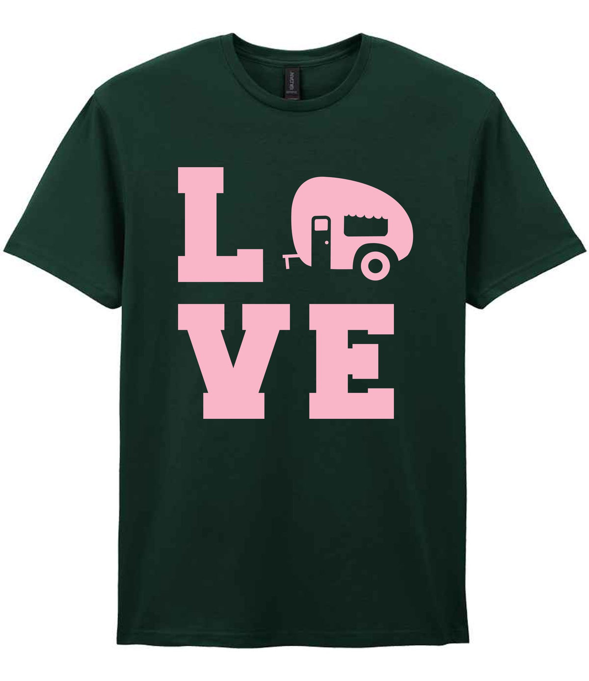Love – Unisex T-Shirt in Forest Green with Baby Pink vinyl