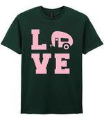 Love – Unisex T-Shirt in Forest Green with Baby Pink vinyl