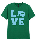 Love – Unisex T-Shirt in Kelly Green with Baby Blue vinyl