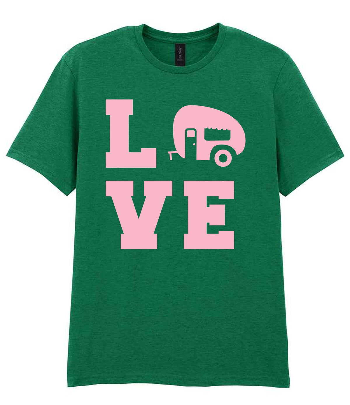 Love – Unisex T-Shirt in Kelly Green with Baby Pink vinyl