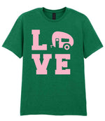 Love – Unisex T-Shirt in Kelly Green with Baby Pink vinyl