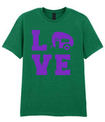 Love – Unisex T-Shirt in Kelly Green with Purple vinyl