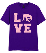 Love – Unisex T-Shirt in Purple with Baby Pink vinyl