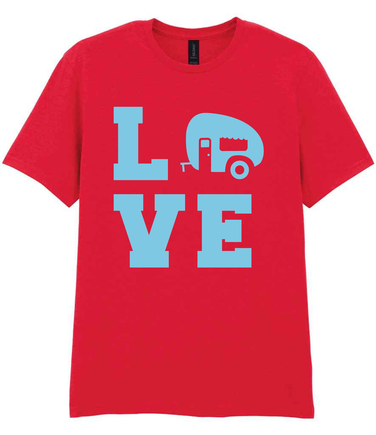 Love – Unisex T-Shirt in Red with Baby Blue vinyl
