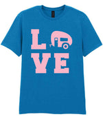 Love – Unisex T-Shirt in Sapphire Blue with Baby Pink vinyl