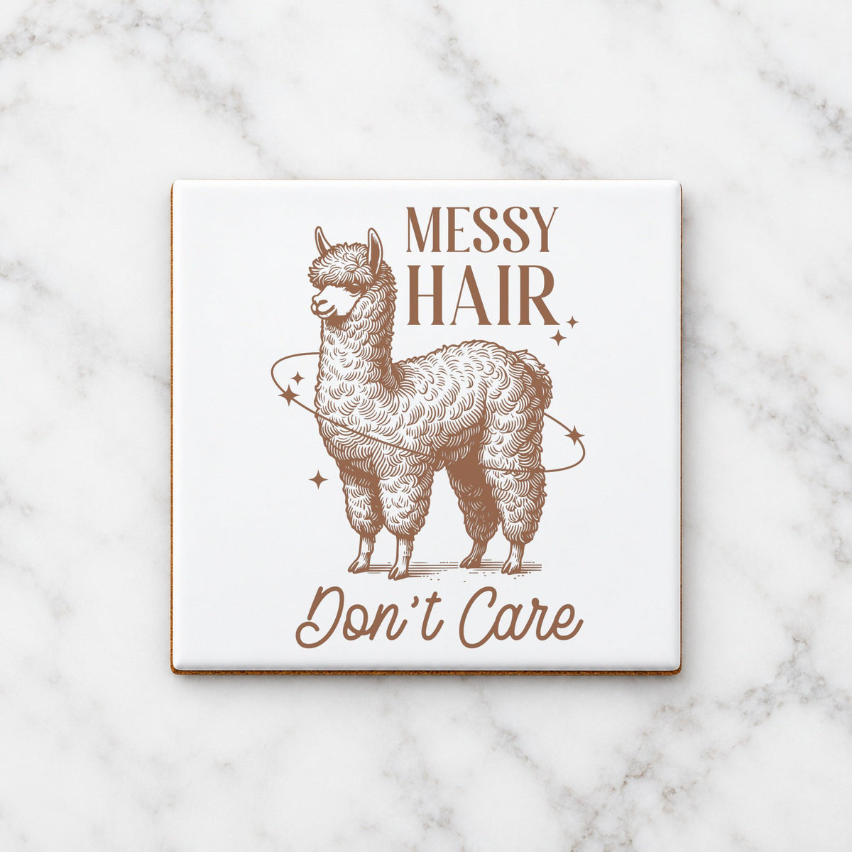 MESSY HAIR Don't Care ceramic coaster in white
