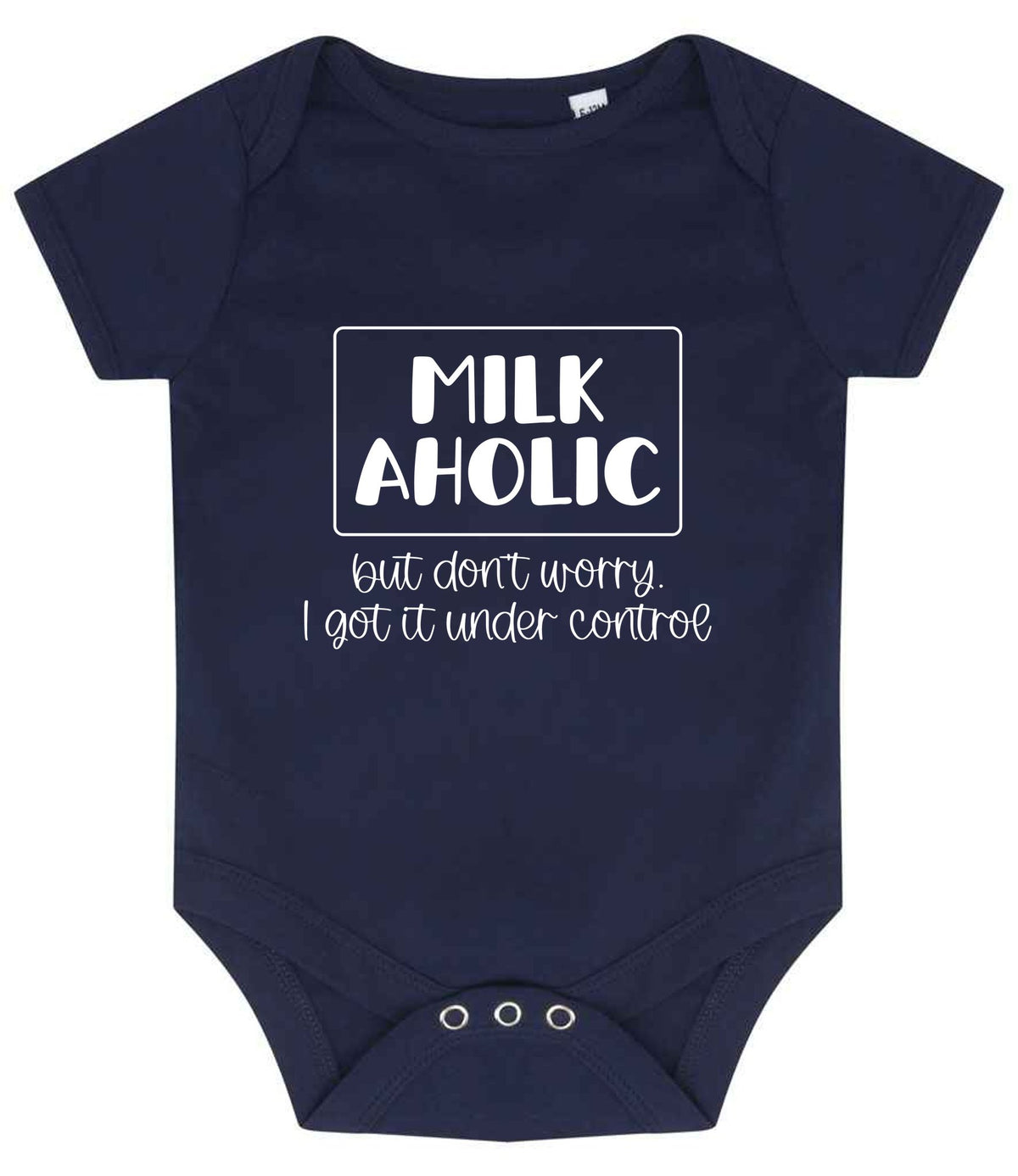 MILK AHOLIC but Don't Worry. I Got It Under Control baby bodysuit in navy
