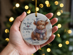 My First Christmas Highland Cow – Ceramic Hanging Decoration, personalised with your own text